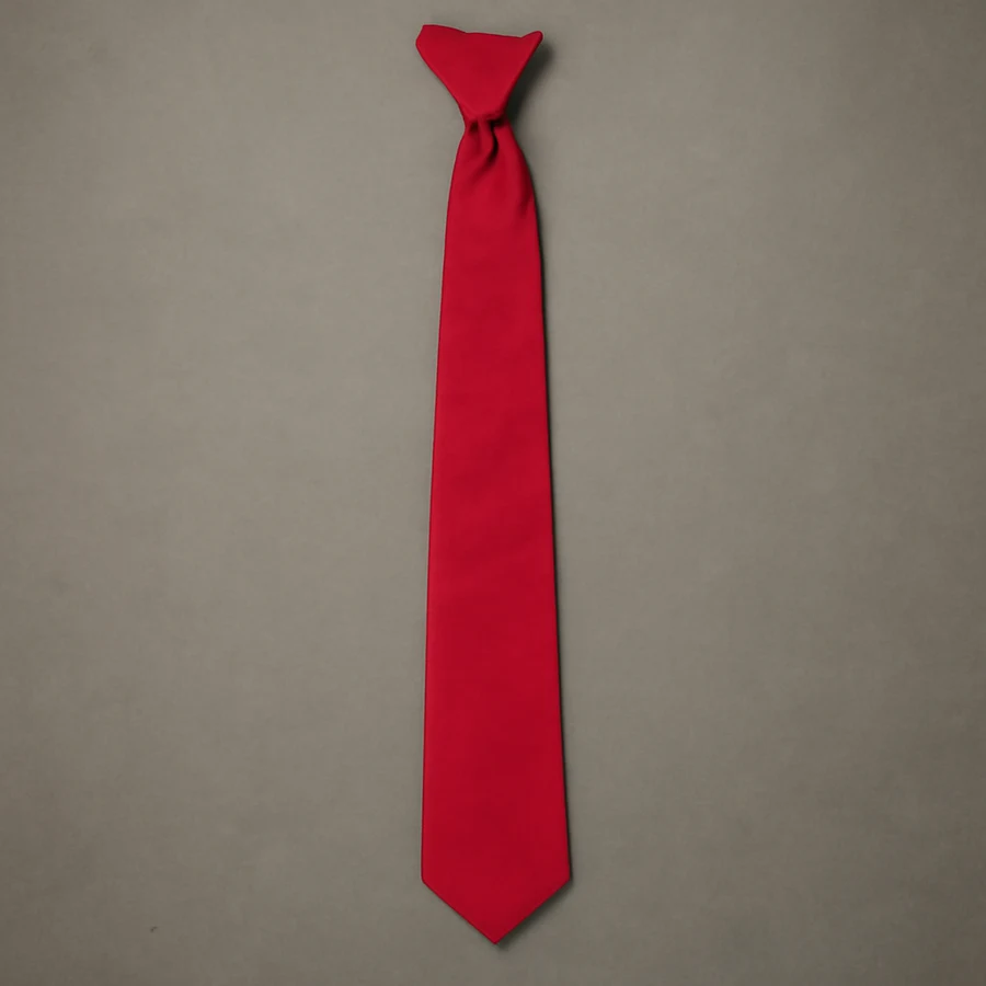 A single bright red necktie, cropped off at the top with no collar or body, hanging comically overlong against a dingy grey studio backdrop.